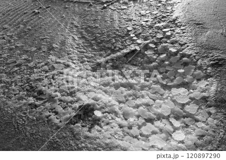Close-up view of textured icy surface with scattered snow patterns Close-up view of textured icy surface with scattered snow patterns 120897290