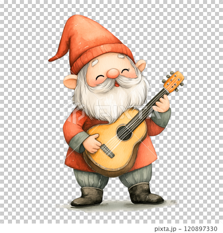Gnome Playing Guitar, Cheerful Fantasy Character with Acoustic Instrument, Watercolor Illustration for Fairy Tales, Music, Folk Art, and Whimsical Designs 120897330