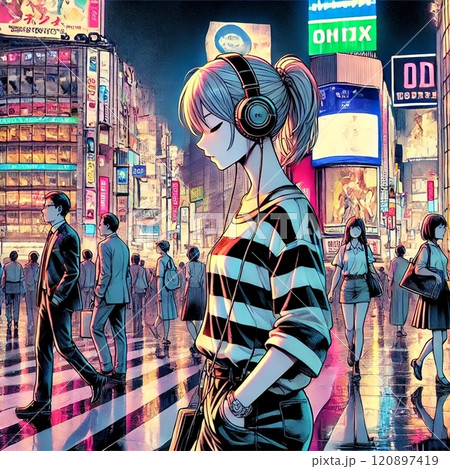 音楽を聴きながら夜のネオンがきれいな渋谷のスクランブル交差点を歩く少女 音楽を聴きながら夜のネオンがきれいな渋谷のスクランブル交差点を歩く少女 120897419