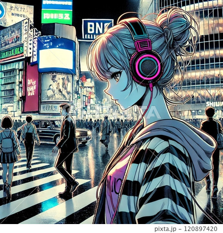 音楽を聴きながら夜のネオンがきれいな渋谷のスクランブル交差点を歩く少女 音楽を聴きながら夜のネオンがきれいな渋谷のスクランブル交差点を歩く少女 120897420