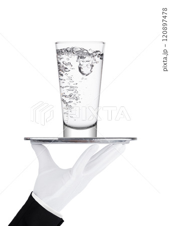 Hand with glove holds tray with still water glass Hand with glove holds tray with still water glass 120897478