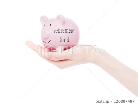 Female hand holds piggy bank retirement fund 120897497