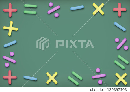 緑色の背景に立体的でカラフルな計算の記号が並ぶフレーム 120897508