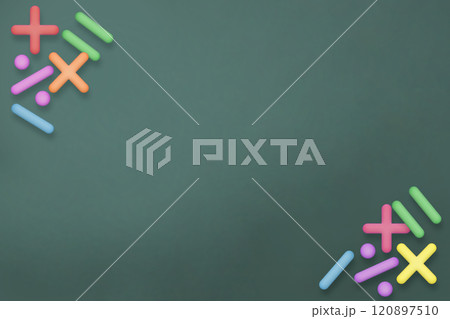 左上と右下にカラフルな計算マークの記号が積まれた緑色の背景 120897510