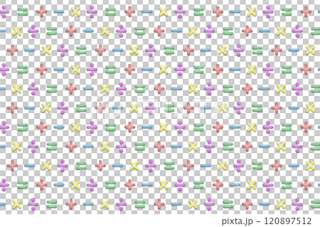 A pattern of small, three-dimensional, colorful mathematical symbols 120897512