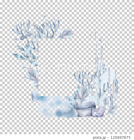 Watercolor seabed on monochrome frame with coral, sea plants and stones isolated. Underwater illustration with pale blue laminaria hand drawn. Fantasy marine nature for nautical packaging, greeting. 120897675