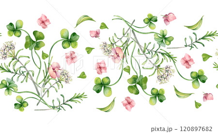 Seamless floral border with pink hydrangea, clover and white flowers watercolor illustration isolated. Realistic spring plants on repeated background hand drawn. Botanical design for banner, textile. Seamless floral border with pink hydrangea, clover and white flowers watercolor illustration isolated. Realistic spring plants on repeated background hand drawn. Botanical design for banner, textile. 120897682
