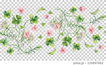 Seamless floral border with pink hydrangea, clover and white flowers watercolor illustration isolated. Realistic spring plants on repeated background hand drawn. Botanical design for banner, textile. Seamless floral border with pink hydrangea, clover and white flowers watercolor illustration isolated. Realistic spring plants on repeated background hand drawn. Botanical design for banner, textile. 120897682