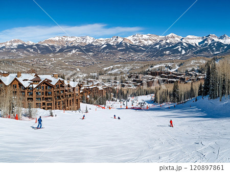 Luxury winter ski resort on sunny summer day with skiing people in small village with mountains view.Panoramic.AI Generative. Luxury winter ski resort on sunny summer day with skiing people in small village with mountains view.Panoramic.AI Generative. 120897861