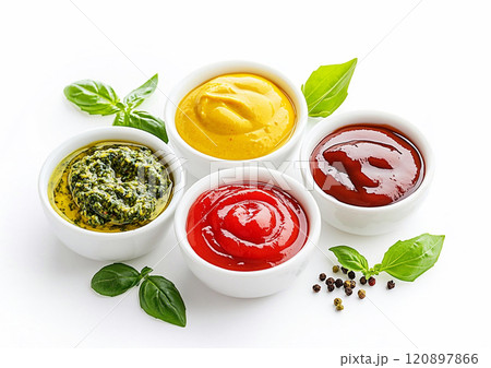 Various bowl plates of different dip sauces with herbs on white background.Macro.AI Generative. 120897866