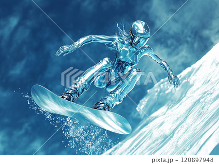Futuristic silver chrome liquid metal snowboard female serfer.Illustration.AI Generative. 120897948