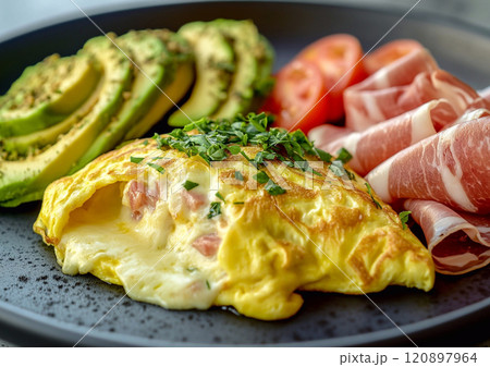 Fresh omelette with bacon and ripe avocado slices on plate for breakfast.Macro.AI Generative. 120897964