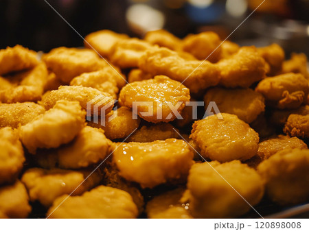 Fresh fried chicken fillet meat breaded nuggets fast food snack.Macro.AI Generative. Fresh fried chicken fillet meat breaded nuggets fast food snack.Macro.AI Generative. 120898008