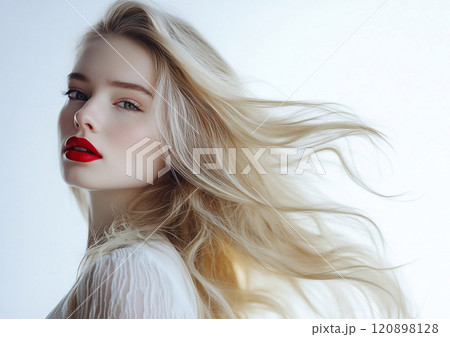 Beauty portrait of blond beautiful woman with white skin and red lipstick.Macro.AI Generative. 120898128
