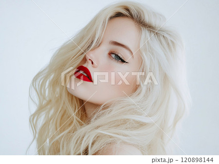 Blond beautiful young woman with white skin and red lipstick in studio beauty portrait for magazine.Macro.AI Generative. Blond beautiful young woman with white skin and red lipstick in studio beauty portrait for magazine.Macro.AI Generative. 120898144