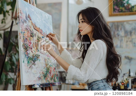 ヨーロッパの花の多い街の絵を描く若い女性_1 120898184