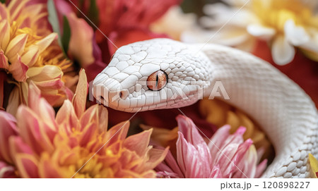 花の上で休む白い蛇 AI画像 花の上で休む白い蛇 AI画像 120898227