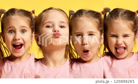Collage. Close-up portraits of little playful girl, child expressing diversity of emotions against yellow background. 120898265