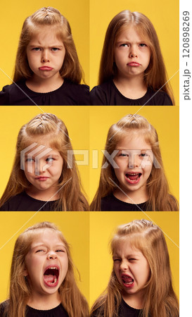 Collage. Portraits of beautiful little girl, child expressing different emotions against yellow background. Grimacing, screaming, shouting. 120898269
