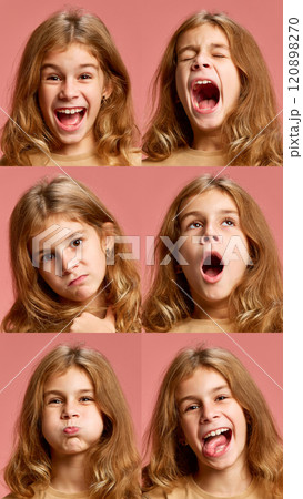 Collage. Close-up portraits of little girl, child expressing different emotions against pink background. Joyful, feeling bored, screaming. Collage. Close-up portraits of little girl, child expressing different emotions against pink background. Joyful, feeling bored, screaming. 120898270