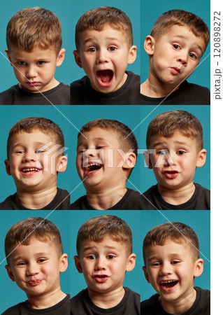 Collage. Little boy, child showing variety of facial expressions against blue background. Curiosity, joy, surprise, laughter, playful mood. 120898272