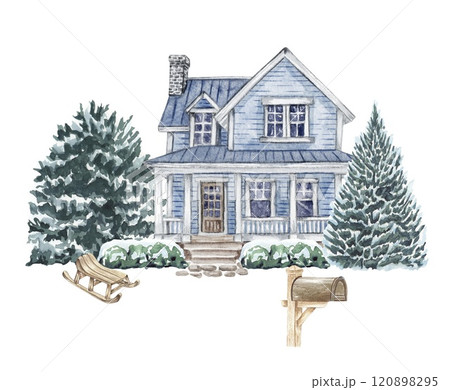 Winter landscape house and trees. Christmas scene Winter landscape house and trees. Christmas scene 120898295