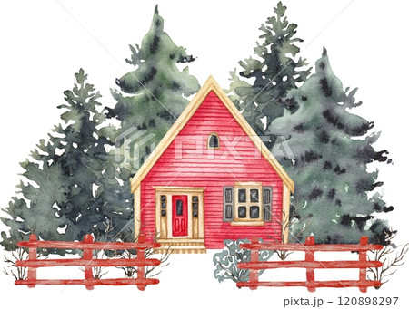 Winter landscape house and trees. Christmas scene 120898297