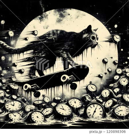 時間の中を駆け抜けるスケートボード猫の幻想絵 120898306