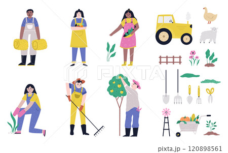 Set of vector illustrations of gardeners, farmers doing agricultural works. Illustration of tools, equipment, vegetables 120898561