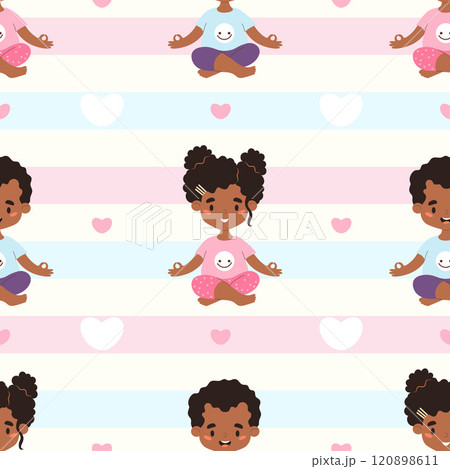 Seamless pattern yoga kids. Cute smiling afro american girl and boy meditating sitting in lotus pose on striped with hearts. Hobby, sports, healthy lifestyle. Vector illustration 120898611