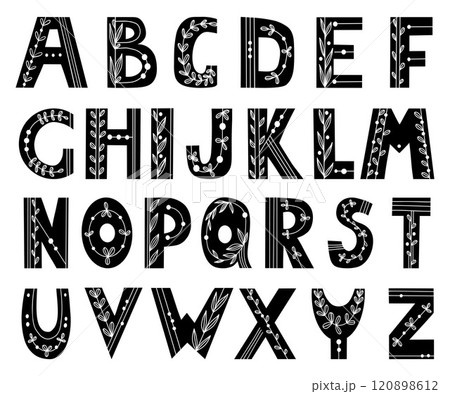 Hand-drawn Decorative Alphabet with Botanical floral pattern. Vector illustration. Isolated lettering letters perfect for creative and design. 120898612