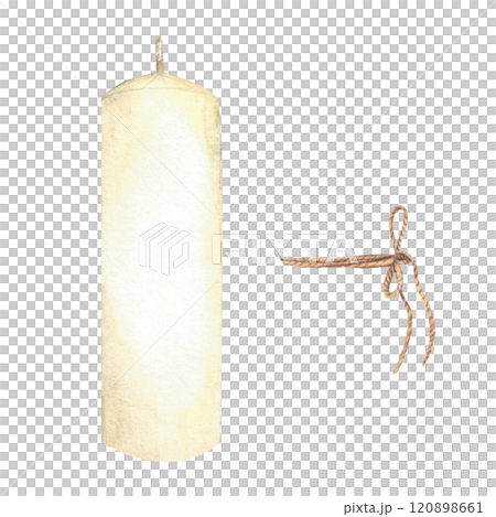 White candle with a jute rope bow. Watercolor illustration for the church religious holidays, baptism, first communion, wedding, Christmas card design. Hand drawn clipart set Isolated from background 120898661