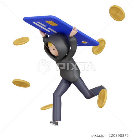 3DCG|クレジット情報を盗み取り不正利用を企むフードを被った男 3DCG|クレジット情報を盗み取り不正利用を企むフードを被った男 120898873