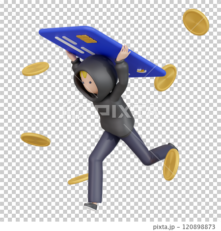 3DCG | A hooded man stealing credit card information and planning to commit fraud 120898873