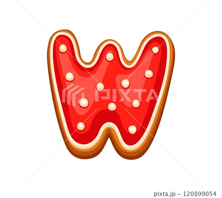 Gingerbread letter W with red icing and white sprinkles. Festive Christmas font, xmas holiday pastry typeface, new year type. Isolated vector abc bakery English alphabet for New Year celebrations Gingerbread letter W with red icing and white sprinkles. Festive Christmas font, xmas holiday pastry typeface, new year type. Isolated vector abc bakery English alphabet for New Year celebrations 120899054
