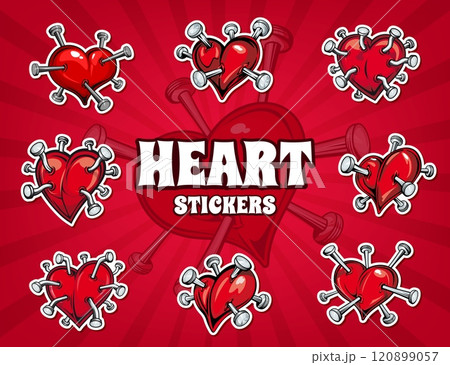Tattoo of divorce hearts pierced by nails, stickers pack. Cartoon vector patches featuring red hearts pierced by nails, symbolizing love, heartbreak and emotions for Valentines day and romantic decor Tattoo of divorce hearts pierced by nails, stickers pack. Cartoon vector patches featuring red hearts pierced by nails, symbolizing love, heartbreak and emotions for Valentines day and romantic decor 120899057