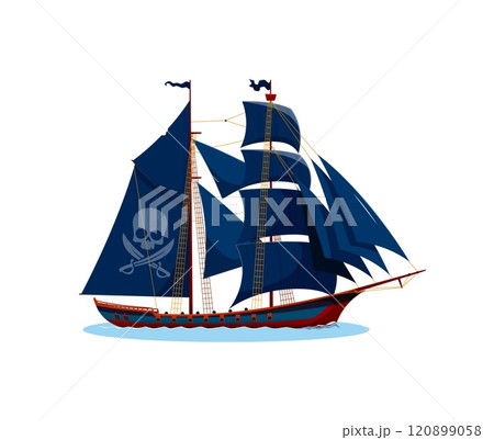 Pirate ship with black sails, skull and crossbones symbol. Isolated carton vector majestic corsair vessel evokes a sense of adventure and freedom, open sea exploration, maritime history or pirate lore Pirate ship with black sails, skull and crossbones symbol. Isolated carton vector majestic corsair vessel evokes a sense of adventure and freedom, open sea exploration, maritime history or pirate lore 120899058