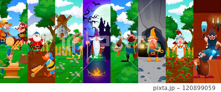 Cartoon dwarf and gnome characters collage. Vector fantasy wizard and villager, hunter, smith and lumberjack or gardener personages woodcutting, gardening, making potion and blacksmithing in fairytale Cartoon dwarf and gnome characters collage. Vector fantasy wizard and villager, hunter, smith and lumberjack or gardener personages woodcutting, gardening, making potion and blacksmithing in fairytale 120899059