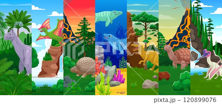 Cartoon prehistoric dinosaur characters collage of Jurassic lizards, vector background. Funny dino animals, pterodactyls and reptiles collage in jungle forest for kids paleontology encyclopedia 120899076