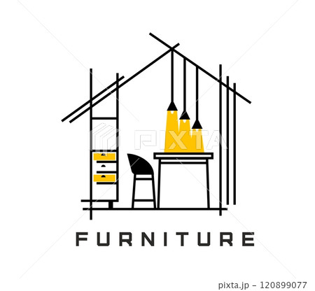 Office and home interior design furniture icon. Architect or construction company line vector symbol, realtor agency or furniture shop minimal icon with bar chair and table, cabinets, ceiling lamps 120899077