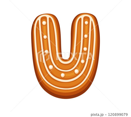 Christmas gingerbread letter U with icing lines and small white candy dots. Isolated holiday bakery typography, festive font, xmas typeface, new year type, English decorative pastry alphabet 120899079