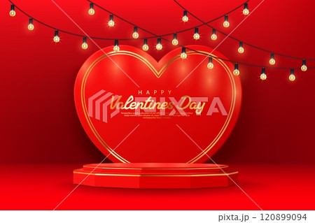 Valentine day podium stand with garland. Vector festive background with large heart and glowing string lights, creating romantic atmosphere for Valentines celebrations, love, gifts, or beauty products 120899094