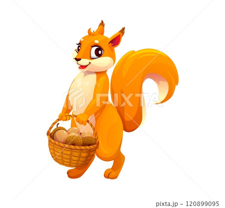 Cartoon squirrel character holding a basket filled with acorns. Isolated vector adorable forest animal, charming woodland personage with large eyes and fluffy bushy tail, exudes sense of joy and fun Cartoon squirrel character holding a basket filled with acorns. Isolated vector adorable forest animal, charming woodland personage with large eyes and fluffy bushy tail, exudes sense of joy and fun 120899095