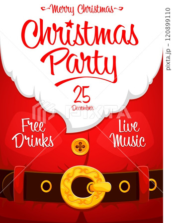 Christmas Santa Claus beard flyer, holiday poster with red Noel suit. Vector party invitation for Merry Xmas and happy New Year celebration, highlighting free drinks and live music on December 25th 120899110