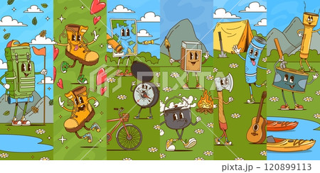 Cartoon groovy travel and tourism characters collage of camping, vector background. Cartoon groovy hiking characters of camper tent and backpack tourist bag with kayak and compass or campfire matches Cartoon groovy travel and tourism characters collage of camping, vector background. Cartoon groovy hiking characters of camper tent and backpack tourist bag with kayak and compass or campfire matches 120899113