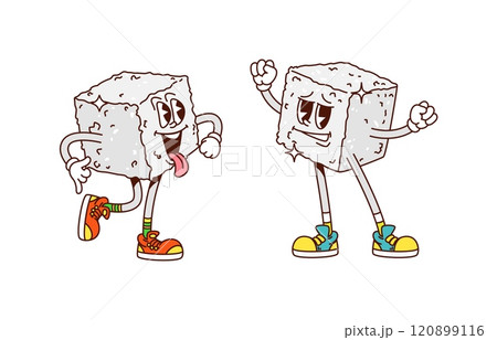 Funny groovy sugar cubes, hippie dessert, sweet and candy characters. Isolated cartoon vector sweetener, sugary food, cubic pieces retro personages with smiling faces, expressive eyes and sneakers Funny groovy sugar cubes, hippie dessert, sweet and candy characters. Isolated cartoon vector sweetener, sugary food, cubic pieces retro personages with smiling faces, expressive eyes and sneakers 120899116