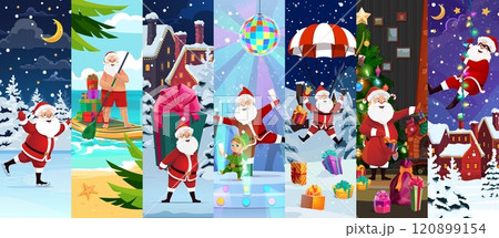 Cartoon Christmas funny Santa characters collage. Vector joyful scenes with funny father Noel delivering gifts, dancing, riding sup board on tropical vacation, captures spirit of Xmas and New Year joy 120899154