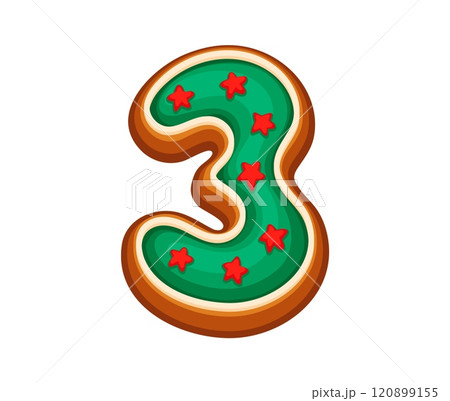 Number 3 gingerbread cookie with green icing and red star decorations, for Christmas, New Year or birthday celebration. Cartoon vector font, xmas typeface, funny dessert type, pastry alphabet numeral Number 3 gingerbread cookie with green icing and red star decorations, for Christmas, New Year or birthday celebration. Cartoon vector font, xmas typeface, funny dessert type, pastry alphabet numeral 120899155