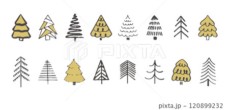 Hand drawn Christmas tree collection. Abstract black doodle with golden elements. Festive Pine Tree set for winter and holiday decoration. Vector Christmas tree illustrations. 120899232
