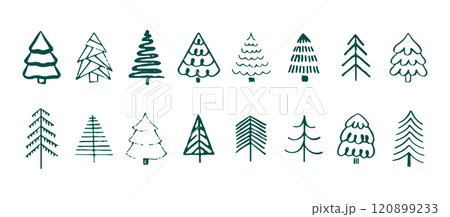 Minimalist Christmas tree collection. Hand drawn evergreen tree illustrations. Doodle style for winter holiday decoration and festive design. Vector set. 120899233